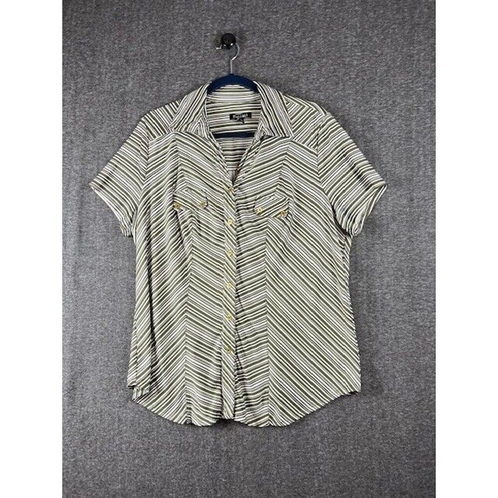 ROZ AND ALI Shirt Womens 1X Button Up Blouse Top Striped Short Sleeve White